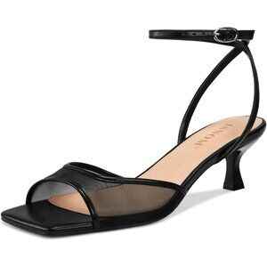 Women's Strappy Black Mesh Kitten Heels Sandals Square Toe Buckle Strap Low Heel